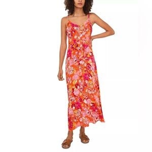 Vince Camuto Orange & Pink Floral Print V-Neck Maxi Dress